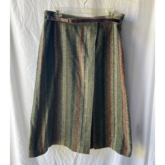 Vintage A Line‎ Midi Wool Blend Long Skirt Jacket Set Sweet Apple Olive Striped - Picture 2 of 13